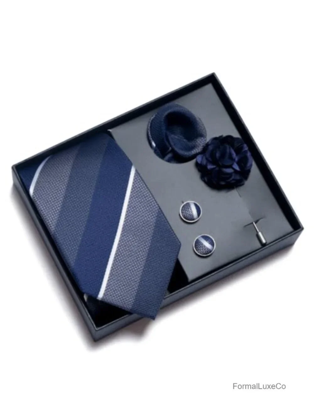 Men's Tie Set with Pocket Square, Cufflinks & Brooch - Formal Microfiber